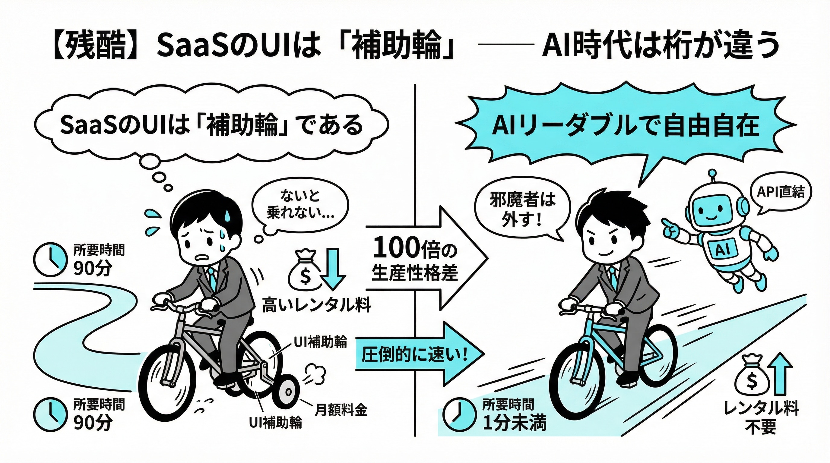 1. 【衝撃】なぜSaaSは「要らなくなる」のか？ ～矛盾する市場データの正体～「SaaS is Dead」論争の火種2024年から2025年にかけて、OpenAIのSam AltmanやBoxのAaron Levieといった業界の巨人が相次いで「SaaSのビジネスモデルは崩壊する」と警告を発しました。特に衝撃的だったのは、Klarna（金融テック企業）の事例です。彼らはなんと、社内で使っていた1,200個ものSaaSアプリケーションをAIエージェントに統合し、手動作業の90%を自動化してしまいました。「SaaSを解約して、AIにやらせる」。これが、最先端企業で起きている現実です。市場は成長しているのに、なぜ「死」なのか？ここで疑問が湧きます。「でも、SaaS市場は伸びているってニュースで見ましたよ？」その通りです。Gartnerの予測でも市場全体は成長しています。しかし、ここには「二極化」というトリックがあります。Vertical SaaS（業界特化型）： 医療や建設など、深い業界知識が埋め込まれたものは成長中（CAGR 16.3%）。Horizontal SaaS（汎用型）： タスク管理やチャットなど、「誰でも作れる」ものは成長鈍化（CAGR 9.6%）。つまり、「単にデータを綺麗に表示するだけのSaaS」は、AIに代替されて消えゆく運命にあるのです。CEO佐藤はこの状況をこう分析しています。『これまでのSaaS企業の価値は、裏側の複雑なデータベースを、人間が見やすいUI（画面）に翻訳してあげることにあった。でも、AIがそのデータベースを直接いじれるなら、その翻訳代、払う必要ある？というのが本質の問いなんです。』2. 【本質】「ヒューマンリーダブル」の終焉と「翻訳コスト」の無駄インターフェースの歴史的転換点私たちが普段見ているPCやスマホの画面。あれは「ヒューマンリーダブル（Human Readable）」なインターフェースです。人間が目で見て、理解できるようにデザインされています。しかし今、台頭しているのが「AIリーダブル（AI Readable）」です。 これは、API、JSONデータ、MCP（Model Context Protocol）といった、AIが直接理解し、実行できる形式のことです。以下の表を見てください。このパラダイムシフトがどれほど大きいかがわかります。比較項目従来のSaaS（ヒューマンリーダブル）AI時代のワークフロー（AIリーダブル）操作主体人間（マウスでクリック）AIエージェント（APIを直叩き）インターフェースGUI（綺麗なダッシュボード）NUI（自然言語・会話）プロセス画面を開く→検索→入力→保存「〇〇しておいて」と指示→完了報告価値の源泉UI/UX（使いやすさ・翻訳）Data/Logic（データそのもの）「翻訳層」にお金を払う時代は終わる従来、SaaS企業は「使いやすいUI」を作るために莫大な投資をしてきました。そして私たちは、その「使いやすさ」に対して高い月額料金を支払っています。しかし、もしあなたが「AIリーダブルな言葉（プロンプトやAPI）」を話せるならどうでしょう？ AIに「データベースから直接データを取ってきて、分析して」と頼めば、一瞬で終わります。わざわざ、人間用の遅い画面（UI）を経由する必要がないのです。『某グローバルSaasのCRM/SFAの画面をポチポチ操作してレポートを作るのに1時間。AIにAPI経由で指示してレポートを作らせるのに30秒。この差は、単なる時短じゃない、「仕事の構造」が変わるレベルなんです』3. 【残酷】SaaSのUIは「補助輪」である ―― 100倍の生産性格差