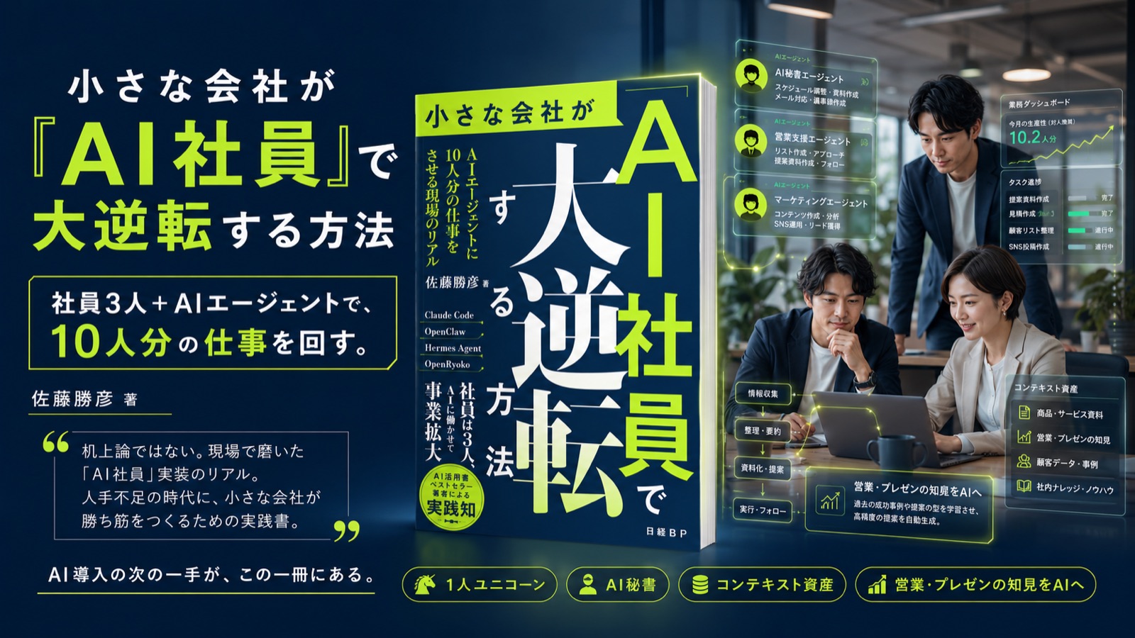 社員3人とAIエージェントで10人分の仕事を回す書籍『小さな会社が「AI社員」で大逆転する方法』のイメージ