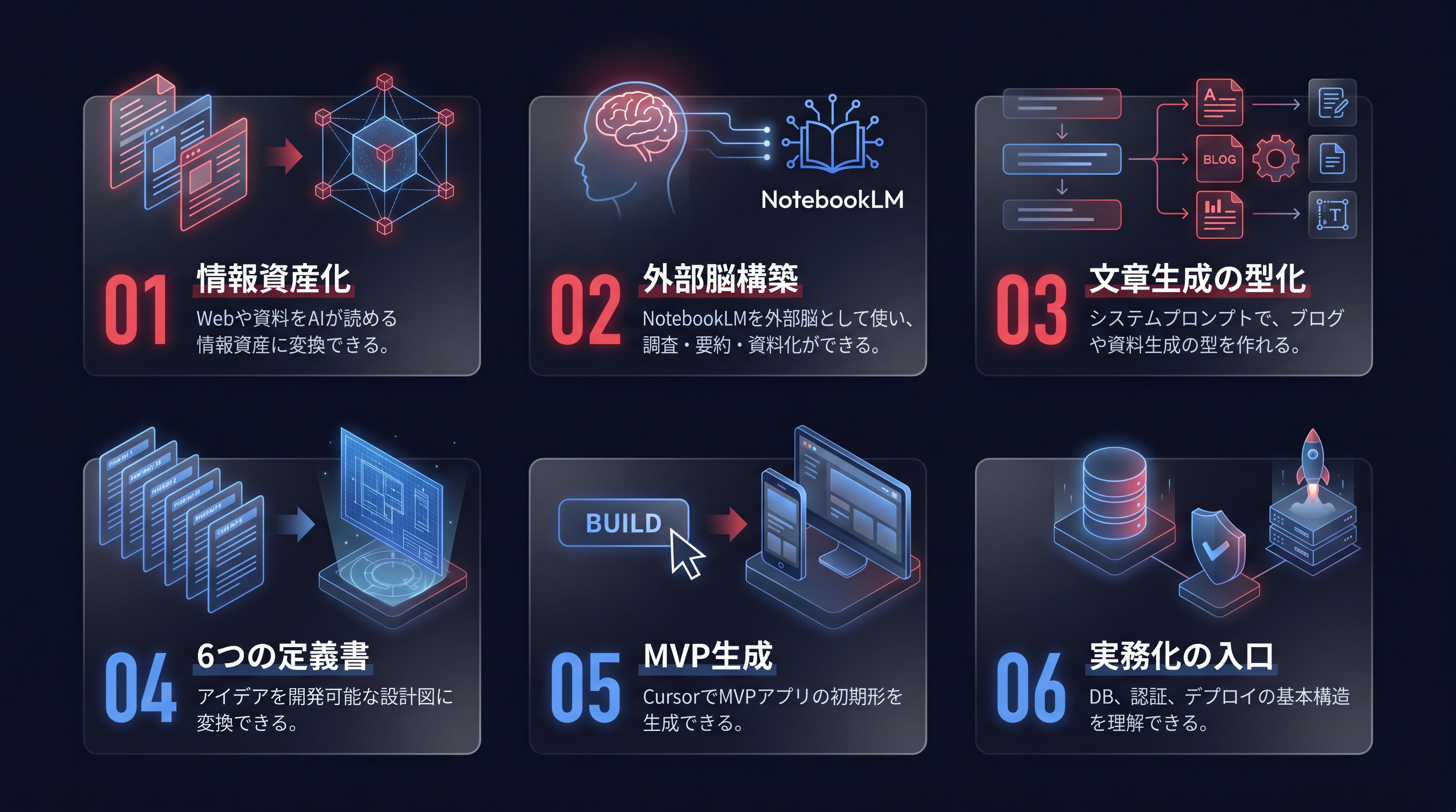 VibeMaker 6日後にできるようになる6つの到達点。情報資産化、外部脳構築、文章生成の型化、6つの定義書、MVP生成、実務化の入口。
