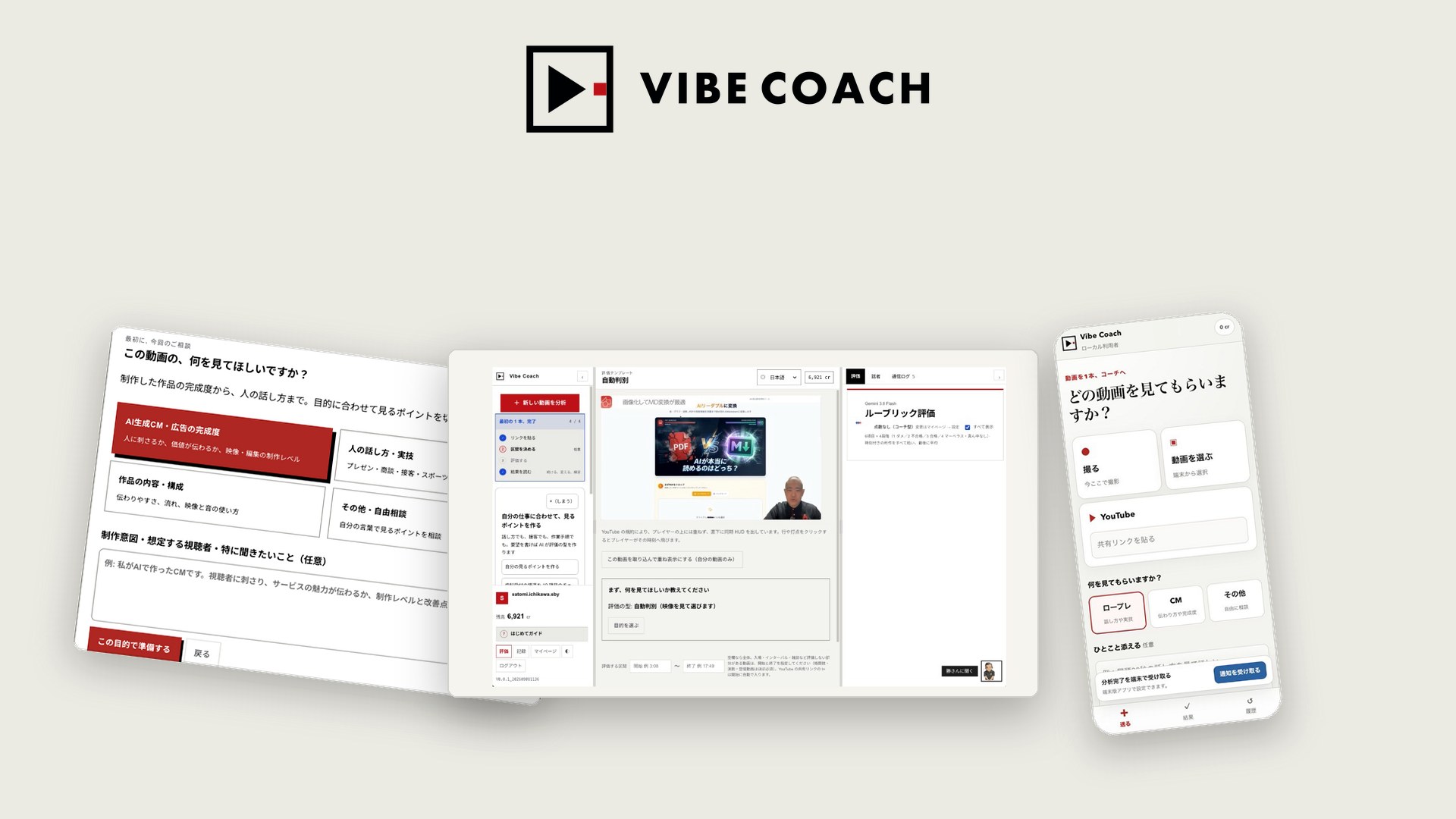 Vibe Coachの画面。評価目的の選択、分析ワークスペース、スマホ専用画面が並んでいる