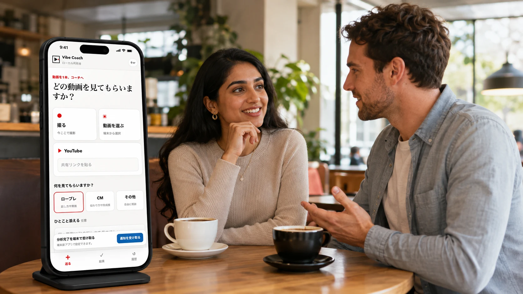 応用編：デートトーク練習でVibe Coachを使うiPhoneのAI生成イメージ