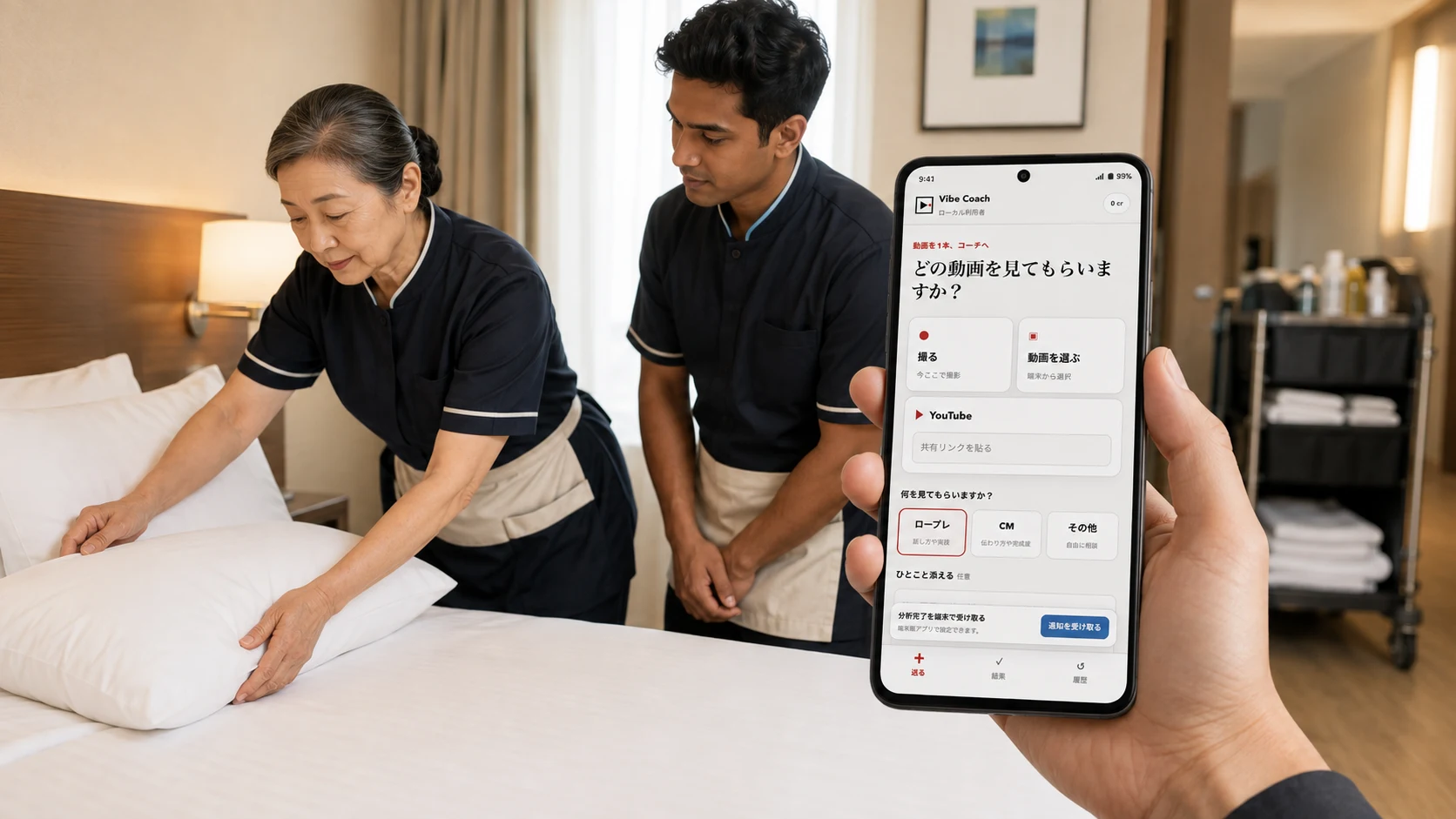 ホテルの客室清掃・技能継承でVibe Coachを使うAndroidのAI生成イメージ