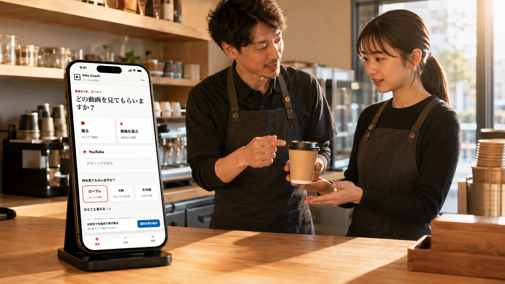 バイトの接客教育でVibe Coachを使うiPhoneのAI生成イメージ