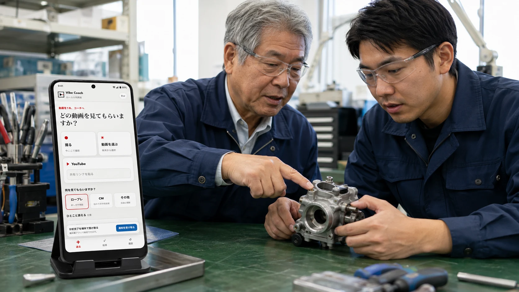熟練者から若手への技能継承でVibe Coachを使うAndroidのAI生成イメージ
