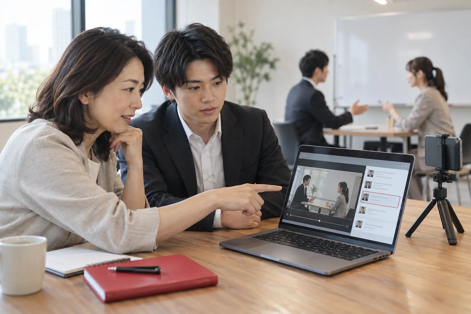 提出された練習動画を、上司と若手社員がノートパソコンで一緒に見返すAI生成イメージ