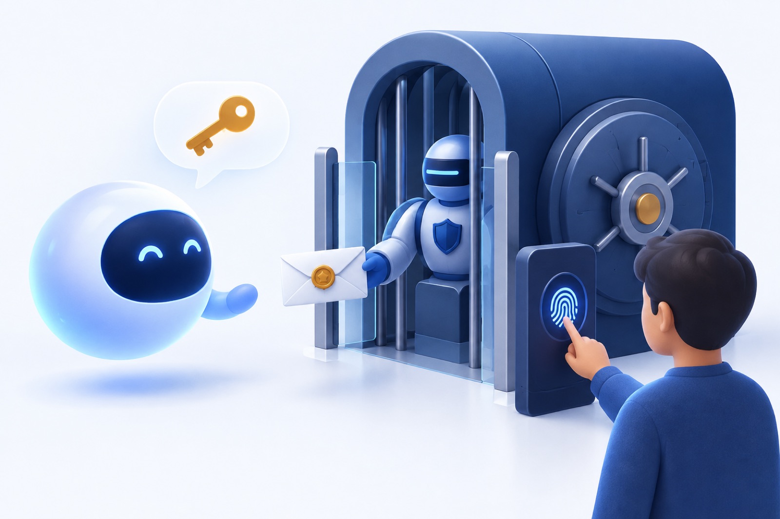 AIアシスタントの光る球体に、金庫から封をした封筒だけが本人確認を経て渡されるイメージ